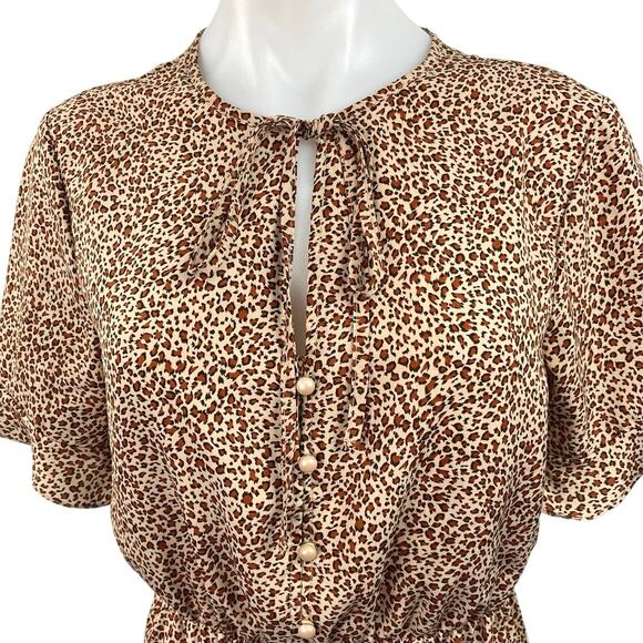 KIRUNDO Brown Animal Leopard Print Keyhole Short Sleeve Tiered A-Line Dress S - Picture 3 of 5